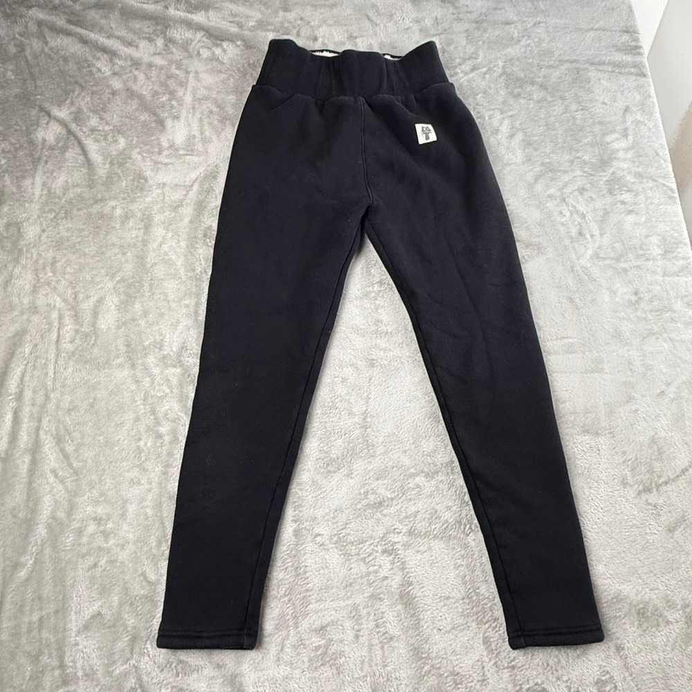 Black Thermal Sherpa Fleece Lined Leggings Cat Logo High Waist‎